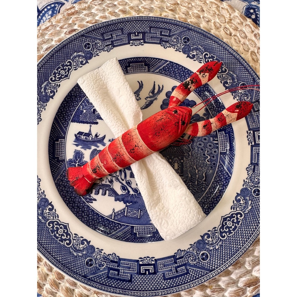 Vintage Hand Carved Wooden Lobster Napkin Rings Red Set of 7 Made in Philippines